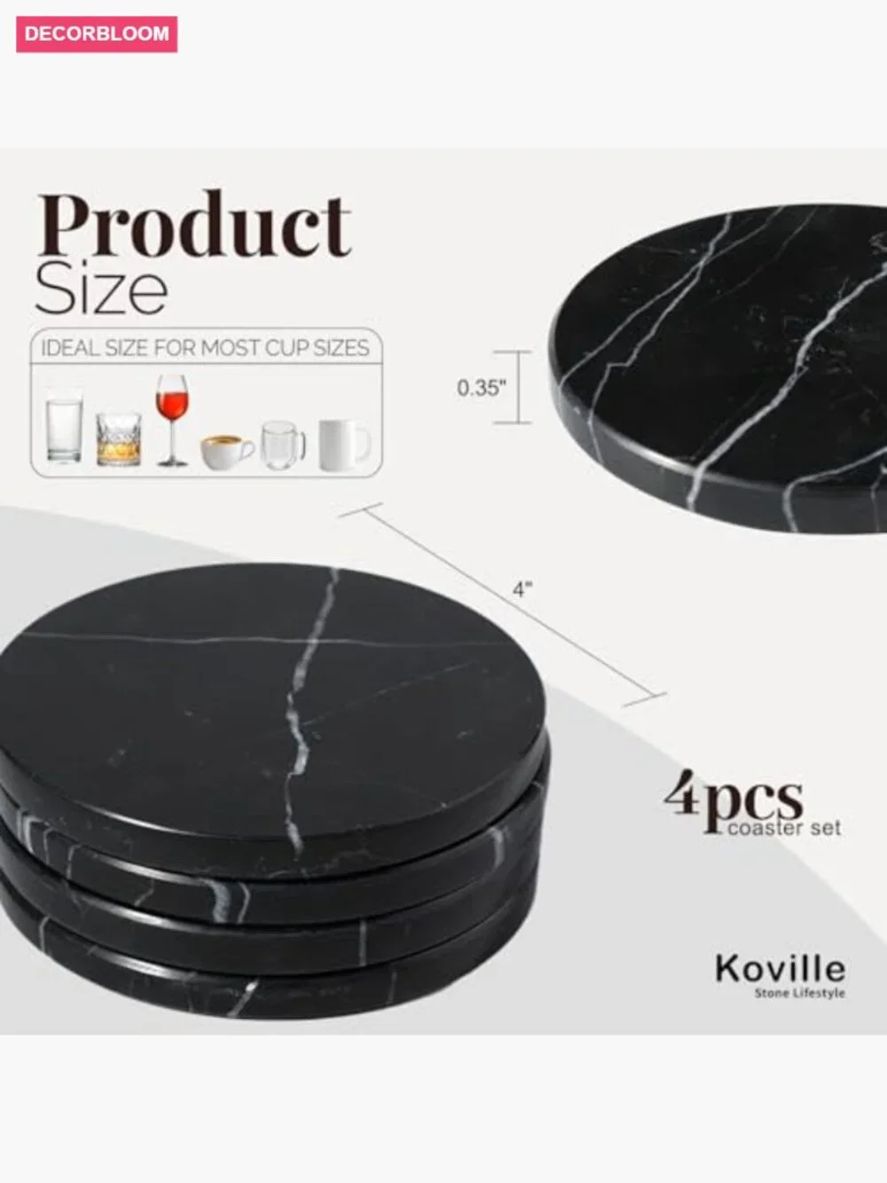 Set of 4 Natural Stone Round Coasters - Heat Resistant Bar